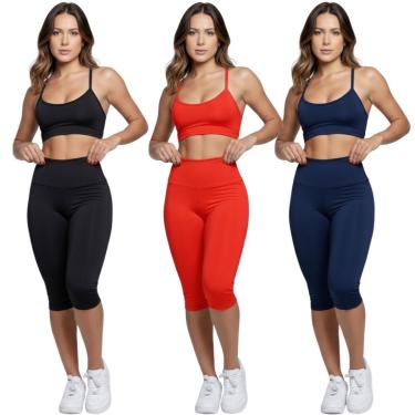 Imagem de KIT 3 Conjunto Top Alça Fina Bermuda Ciclista Vekyo Roupa Para Academia Moda Fitness Musculação-Feminino