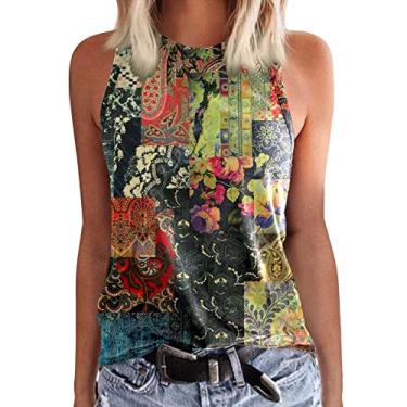 Imagem de Camiseta regata feminina, gola redonda, sem mangas, estampa floral, casual, solta, túnica, verão e praia, Y1-verde, P