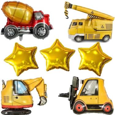 Imagem de Kit 4 Balões Metalizados Construção, Guindaste, Retroescavadeira, Empilhadeira, Betoneira + 3 Estrelas
