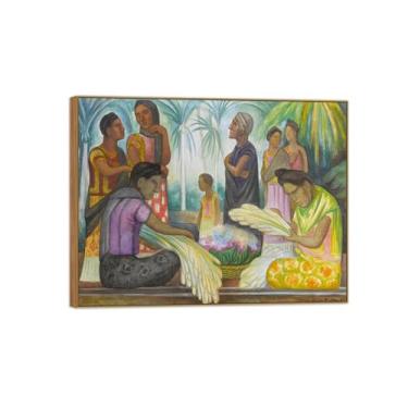 Imagem de MUHJDYC Diego Rivera Famosa Imagem em Tela - Impressões de Arte de Parede - Mercado de Flores 2 - Pintura de Arte de Moldura de Madeira para Sala de Estar Quarto Decoração de Casa 20x25cm-8x10in