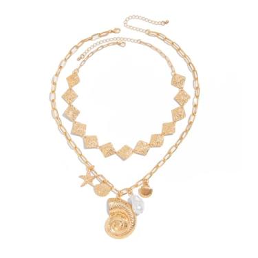 Imagem de ERLOSYA Colar com pingente de praia dourado delicado para mulheres, lindo colar de concha, acessório de estrela, pingente hexagrama de cruz de praia, joias de verão para mulheres, big, Metal, Sem