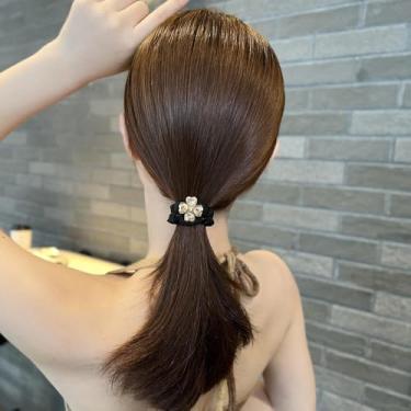 Imagem de Faixa de borracha feminina laços de cabelo preto corda acessórios de cabelo rabo de cavalo, trevo de quatro folhas