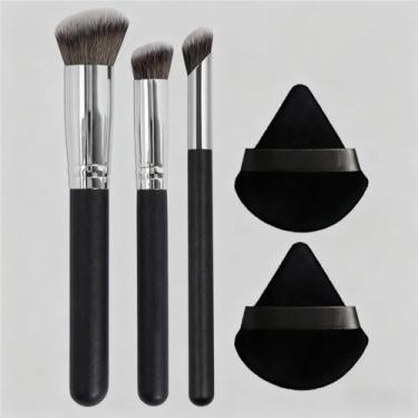 Imagem de Conjunto de 5 peças de pincel de maquiagem e puff, base, creme de contorno, blush, sombra, sem listras, sem gagueira e cores aplicadas uniformemente (preta)