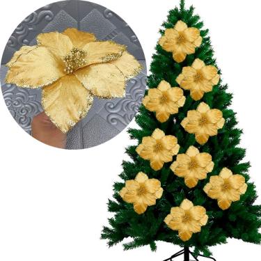 Imagem de Flores Ramos Arranjo Dourado Enfeite Natalino 20cm Kit 12pçs