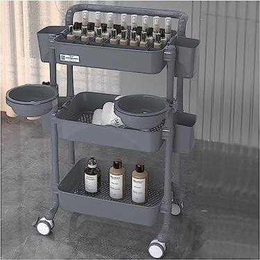 Imagem de Carrinho de salão com rodinhas de 3 níveis com rodas de freio silenciosas, divisor ajustável, apoio de braço liso, prateleira de armazenamento utilitária de plástico, suporte organizador móvel - preto