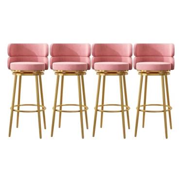 Imagem de Conjunto de 4 bancos de bar estofados, cadeiras giratórias para café da manhã com 65 cm de altura, bancos de cozinha com encosto alto, apoio para os pés de metal preto, rosa
