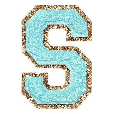 Imagem de 3 Pçs Chenille Letter Patches Ferro em Patches Glitter Varsity Letter Patches Bordado Borda Dourada Costurar em Patches para Vestuário Chapéu Camisa Bolsa (Azul, P)