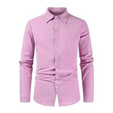 Imagem de Camisa social masculina de algodão e linho, manga comprida, formal, cor sólida, camisa de botão, Rosa, XXG