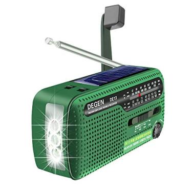 Imagem de Degen DE13 Rádio portátil FM AM SW rádio de emergência de ondas curtas, rádio operado por bateria 3AAA com carregador portátil, USB/solar/manivela, lanterna de LED, alarme SOS para uso externo,