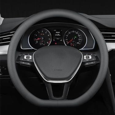 Imagem de XHRING Capa de volante de carro em forma de D para Mercedes Benz C300 GLC 300 GLC300 GLA GLB CLA 250 GLE GLS 350 450 e300 e350 EQB EQE Classe D Shape Acessórios de volante de fundo plano, couro preto