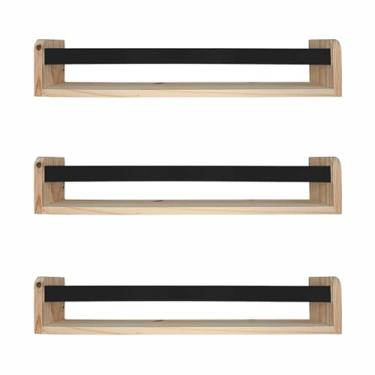 Imagem de KIAGA, Kit 3 Prateleiras Porta Livros em Madeira Pinus Natural Com Cerquinha Colorida Cor:Cerquinha Preta;Tamanho:12x60