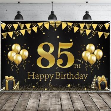 Imagem de JOYKY Banner de feliz aniversário de 85 anos, decorações de festa de aniversário de 85 anos em ouro preto para homens e mulheres para ela, decoração de pano de fundo, 15 x 9 metros
