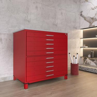 Imagem de Gaveteiro Mapoteca Para Escritório De Aço Fixa Com 10 Gavetas Industrial Vermelho/cinza