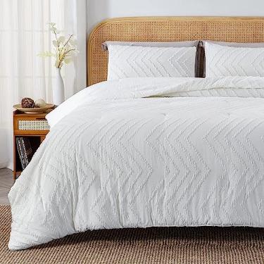Imagem de Litanika Conjunto de edredom super king, tamanho grande, branco, 3 peças, chevron adornado sólido, conjunto de cama fofa