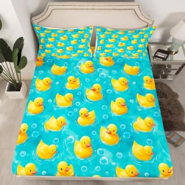 Imagem de Erosebridal Jogo de cama solteiro engraçado de pato de borracha amarela, lençol com elástico para crianças, meninos e meninas, para amantes de animais de estimação, lençol de baixo com estampa de