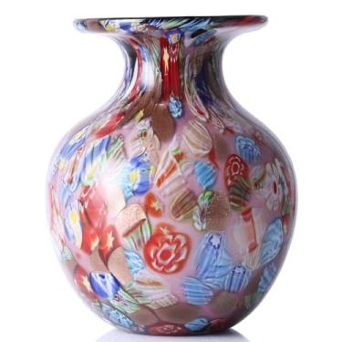 Imagem de Vaso de vidro redondo rosa e roxo, decoração de vidro marinho de arte moderna com pétalas coloridas para decoração de casa, vaso manchado à mão para flores, sala de estar, sala de jantar, mesa, centro