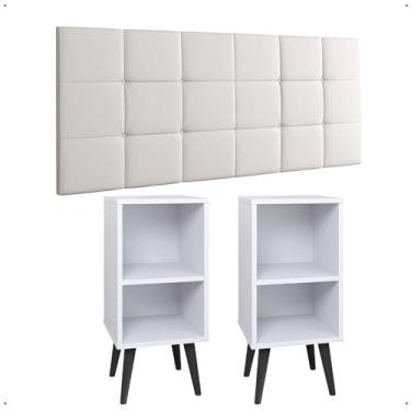 Imagem de Kit 2 Mesinhas Charme Branco Pés Palito Retrô Cabeceira Suspensa Bia Corino 1,40 Estofada Cama Casal - Lojas RPM