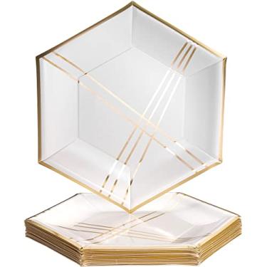 Imagem de Pratos de papel com design abstrato | Pratos de jantar hexagonais | Coleção Deco | 26 cm | Branco/Marfim
