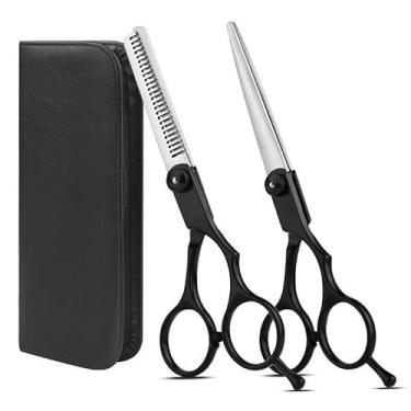 Imagem de Tesoura Profissional Cabeleireiro, Kit 2 Tesoura de Cabelereiro Profissional Aço InoxidáVel, Adequado para Cortes de Cabelo Diários(Desbastadora+Fio a laser/PRETO)