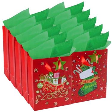 Imagem de RACHELLE'S Sacos de presente de Natal – Pequenos 22,8 x 17,8 x 7,6 cm (pacote com 10) – Sacos de presente de papel resistente com papel de seda, etiqueta e alça – Design de trenó e meia – Perfeito