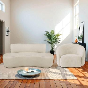 Imagem de Kit Recamier Curvo Amsterdã 130cm E Poltrona Amore Luxo Bouclé Cor Bege