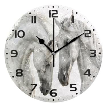 Imagem de JUZIHAI Lindo relógio de parede de cavalo branco, silencioso, sem tique-taque, relógios de parede redondos operados por bateria, fácil de ler, relógio decorativo de parede para casa, cozinha, sala de