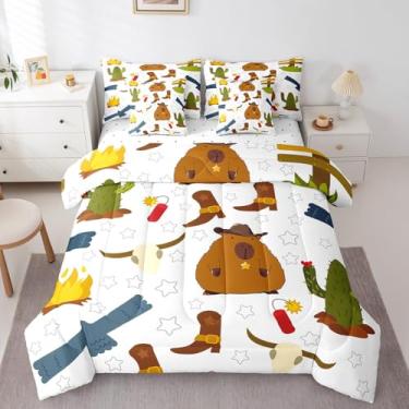 Imagem de Erosebridal Conjunto de edredom casal, capivara de caubói marrom, capivara, cacto, capivara, 7 peças, conjunto de lençol com edredom, presentes de capivara para crianças, meninos e meninas