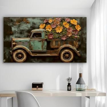 Imagem de Arte de parede em tela rústica de caminhão floral - Pôster sem moldura de 30 x 61 cm - Decoração de casa e escritório para sala de estar, quarto, cozinha e café