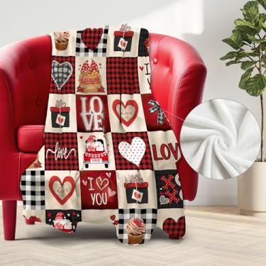 Imagem de Newsely Cobertor de Dia dos Namorados, 127 x 152 cm reversível, romântico fofo xadrez amor coração gnomo casal rosa flor flanela cobertor decoração de casa 280 g/m2 super macio quente aconchegante