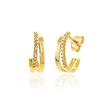 Imagem de Brinco Ouro 18k Tipo Meia Argola Espelhada Com Zircônias