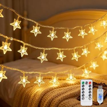 Imagem de Lemical Star String Lights 100 LED branco quente USB Plug in Fairy Lights com controle remoto, 8 modos de piscar luz decorativa à prova d'água com temporizador para jardim, Natal, casamento, festa