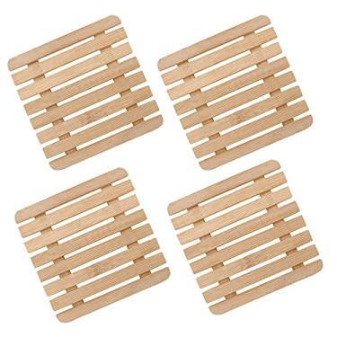 Imagem de Kit 04 Descanso de Panela e Travessa Suporte Apoio Quadrado em Bambu 17 cm Mesa Posta Servir