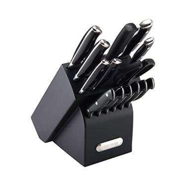 Imagem de Farberware Conjunto de 15 peças de facas forjadas triplas rebitadas, facas de cozinha de aço inoxidável de alto carbono, conjunto de facas afiadas com bloco de madeira, preto