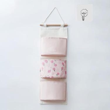 Imagem de RUIXOAXI Bolsa de armazenamento multifuncional de tecido de algodão para pendurar no armário, organizador de tecido de linho impermeável com 3 bolsos para quarto, banheiro (rosa)