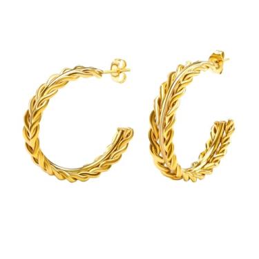 Imagem de Brincos trançados banhados a ouro 18K para mulheres, brincos de argola grossa modernos bijuteria para mulheres, festa, diário, vintage, casual, fofo, elegante, leve, Aço inoxidável, Sem pedra preciosa