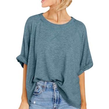 Imagem de Langwyqu Camisetas femininas grandes casuais de verão, manga curta, caimento solto, túnica, C-azul cinza, M