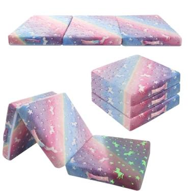 Imagem de MeMoreCool Colchão dobrável de unicórnio arco-íris brilhante para crianças, tapete de cochilo com três dobras para crianças, futon ou cama de chão, 150 x 66 cm