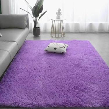 Imagem de Tapete grande peludo para sala de estar, tapete artificial branco de cabeceira, macio e fofo, lavável, tapete de decoração de tatami, roxo, 160 x 200 cm (63 x 78,7 pol.)