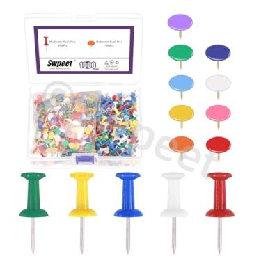 Imagem de Swpeet 1000 peças, 2 estilos, tachinhas planas revestidas de vinil coloridas e kit sortido de pinos de aço com cabeça de plástico, tachinhas de cabeça redonda para escritório, escola, casa