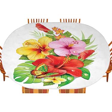 Imagem de Toalha de mesa oval havaiana, buquê de flores de hibisco coloridas com pétalas de plumeria florescendo de borboleta, uso em festivais em ambientes internos e externos, serve para mesa de 107 x 152 cm,