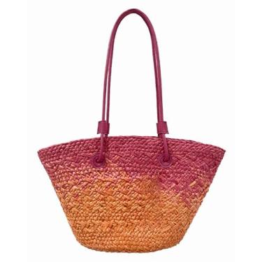 Imagem de SHAREYOIU Bolsa de ombro de palha natural colorida à mão bolsa de praia grande capacidade, Laranja, Large