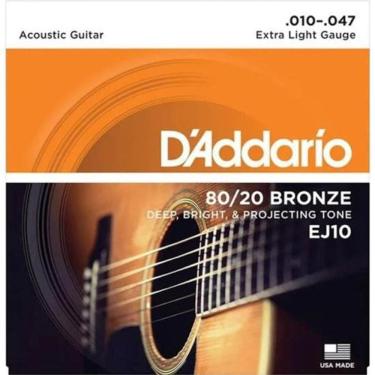 Imagem de Encordoamento Violão Aço .010-.047 80/20 Bronze EJ10-B D Addario Com Corda Extra PL010 [F002]