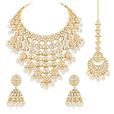 Imagem de Aheli Kundan & Beads Studded Necklace Earrings & Maangtikka Conjunto de joias étnicas para mulheres