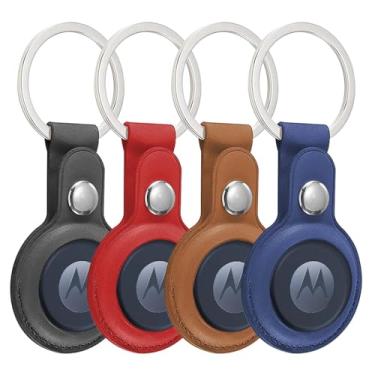 Imagem de Pacote com 4 capas para Moto Tag com chaveiro, porta-etiquetas de couro portátil, acessórios de proteção para localizadores de itens GPS, acessórios antiarranhões, à prova de choque e poeira (preto +