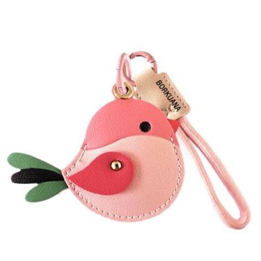 Imagem de Capa de couro compatível com AirTag, linda capa protetora com chaveiro e cordão, antiarranhões, rastreador GPS para chaves, bolsa, animais de estimação, mochila (pássaro rosa)