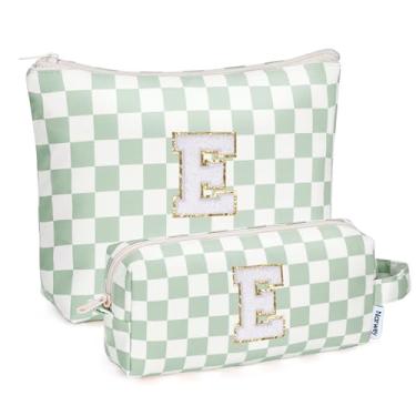 Imagem de Narwey Bolsa de maquiagem com inicial personalizada, 2 peças, xadrez, presentes de aniversário, presentes para meninas, coisas modernas, 6, 8, 10, 11, 12, 13, 14, 16, 18 anos, bolsa de higiene pessoal