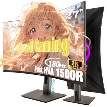 Imagem de GreBear Monitor de jogos curvo de 27 polegadas 180 Hz QHD altura ajustável, monitores profissionais de PC 2K 2560 x 1440p tela de computador para escritório doméstico, HDMI, DP, 1500R, alto-falante
