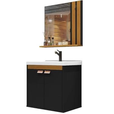 Imagem de Armário de banheiro: corpo do armário em MDF, incluindo lavatório e espelho, estilo moderno (PRETO/MADEIRA)