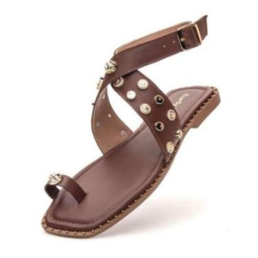 Imagem de Sandália Rasteira Feminina Couro Legitimo Conforto Leve Com Tiras Café-Feminino