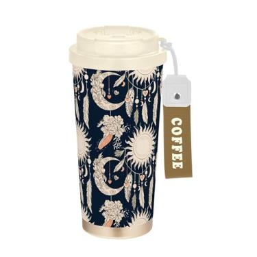 Imagem de SEHANY Caneca de viagem Sol e Lua 482 g Copos de café reutilizáveis revestidos de cerâmica com tampa à prova de vazamento, parede dupla, isolamento a vácuo, copo de café de aço inoxidável para bebidas